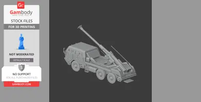 3D-printed model of a military vehicle with a long cannon on its chassis, ready for printing.