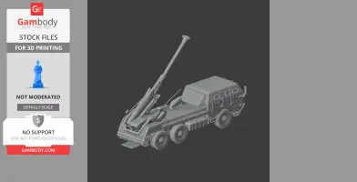 3D printable model of a military tank with a long barrel, featuring a detailed design and six wheels.