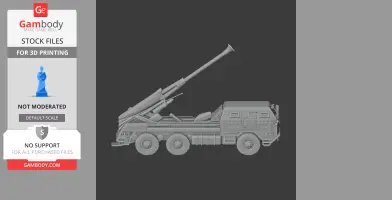 A 3D model of a military-style truck with a large mounted cannon for printing.