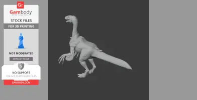 3D model of a Neimongosaurus with feathers, long tail, and open mouth, posed for printing.