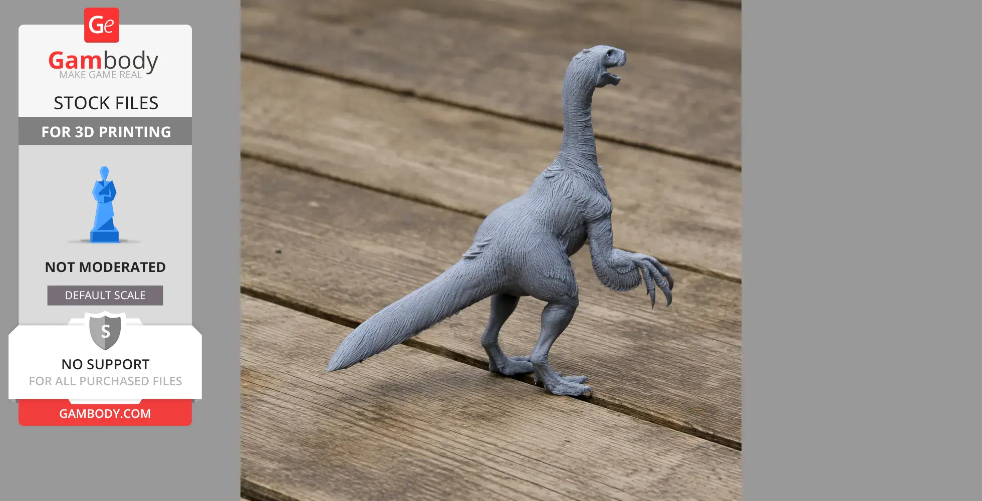 3D-printed Neimongosaurus model on a wooden surface, showcasing detailed features and posture.