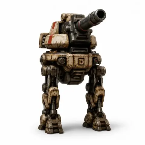 A robotic artillery turret with a cannon and mechanical legs, suitable for 3D printing.