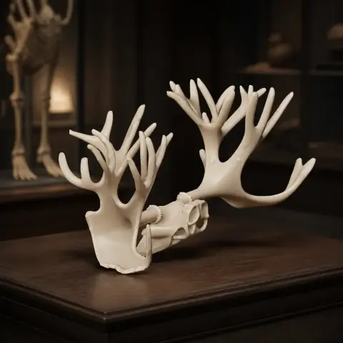 3D-printed Cervalces skull replica with detailed antlers, displayed on a wooden surface.