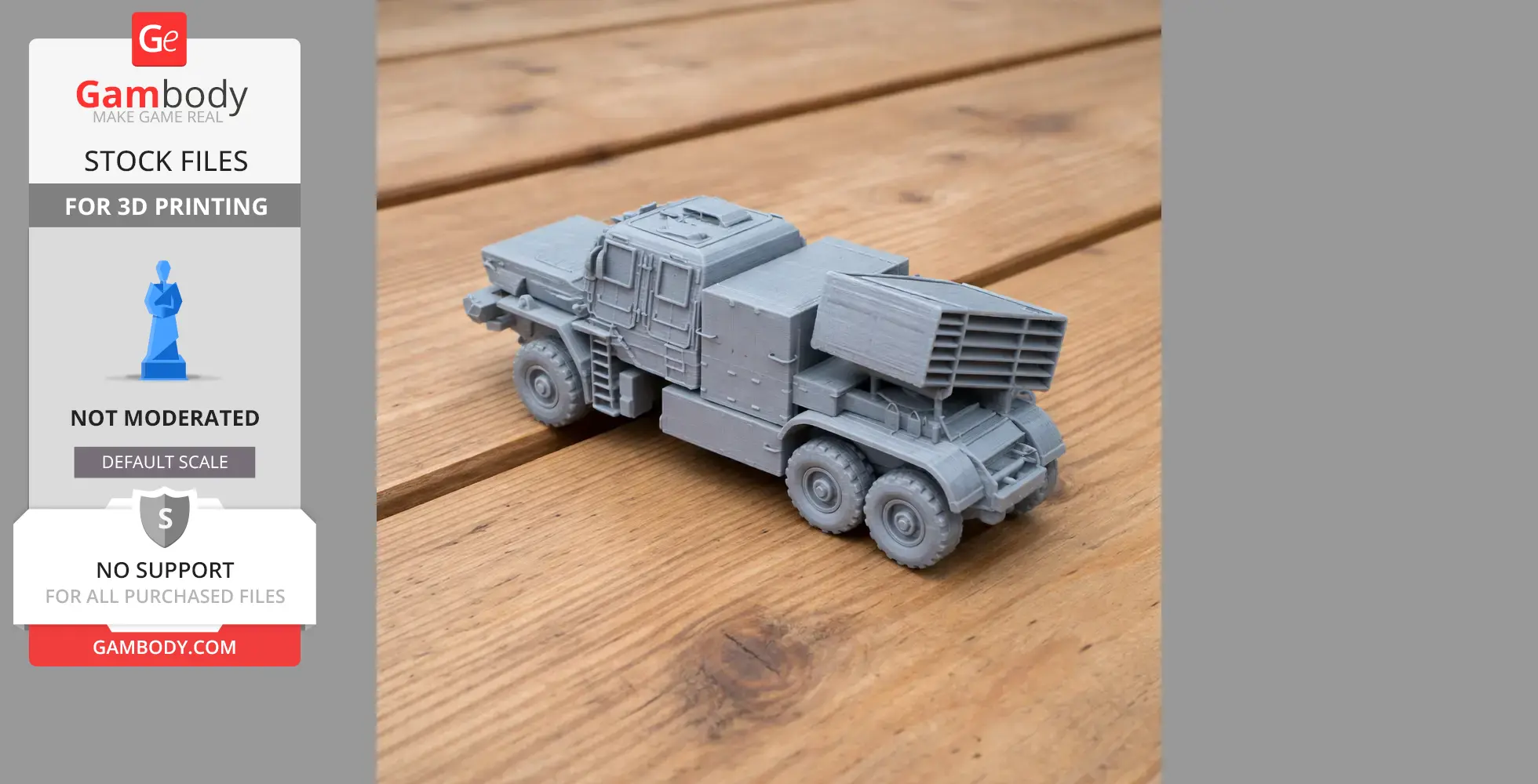A detailed 3D-printed model of a military tank-like vehicle with a turret and multiple wheels on a wooden surface.