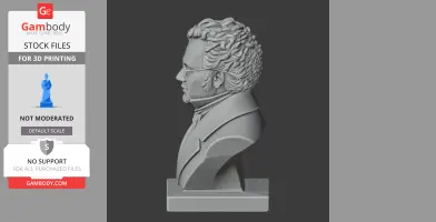 A 3D model of a classical bust portraying a man in a suit with glasses, detailed curly hair, side profile.