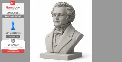 Bust of a historical figure with curly hair and glasses, wearing a suit and bow tie.