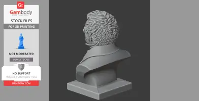 Back view of a detailed bust featuring curly hair and a classical attire on a pedestal.