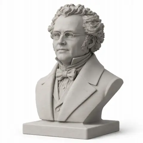 Bust of a man with glasses and curly hair, wearing a suit with a bow tie on a rectangular base.