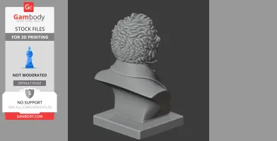 A 3D bust of a curly-haired man in historical attire, viewed from the back on a square base.