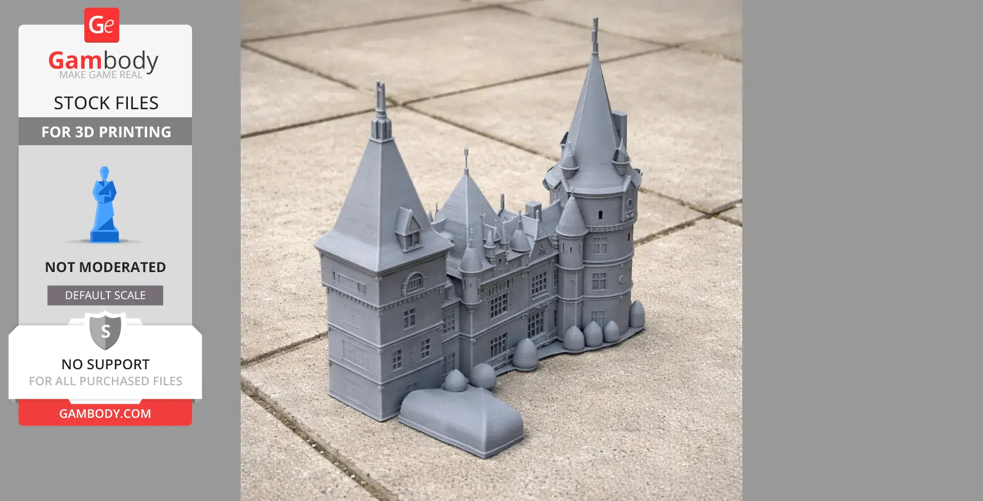 A detailed 3D-printed model of Andrassy Castle with multiple towers and intricate architectural features.