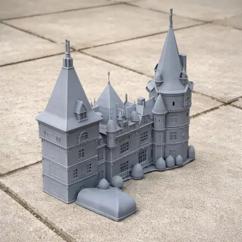 3D-printed model of Andrassy Castle, featuring detailed towers and intricate architectural design.