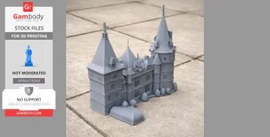 A detailed 3D-printed model of Andrassy Castle with multiple towers and intricate architectural features.