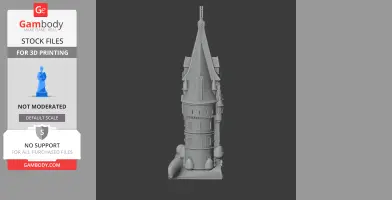 A detailed 3D model of a tall, narrow castle tower with a conical roof, suitable for 3D printing.