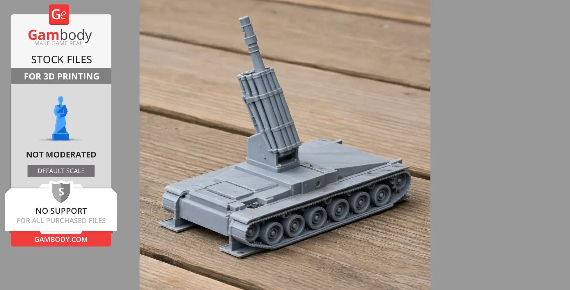 3D-printed model of a Batignolles Chatillon 155mm tank with a vertical barrel, displayed on wood.