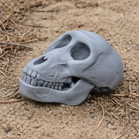 3D-printed Chacma baboon skull replica resting on sandy ground.