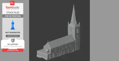 3D model of a Gothic-style church with a tall spire and detailed arches, suitable for 3D printing.