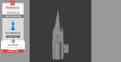 3D model of a tall, narrow Gothic-style building with a spire and arched windows for printing.