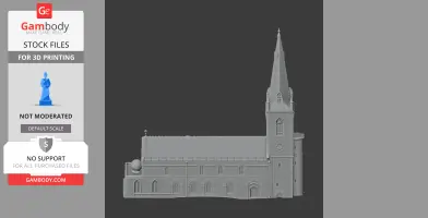 3D model of an Anglo-Saxon style church with tall spire and arched windows, for 3D printing.