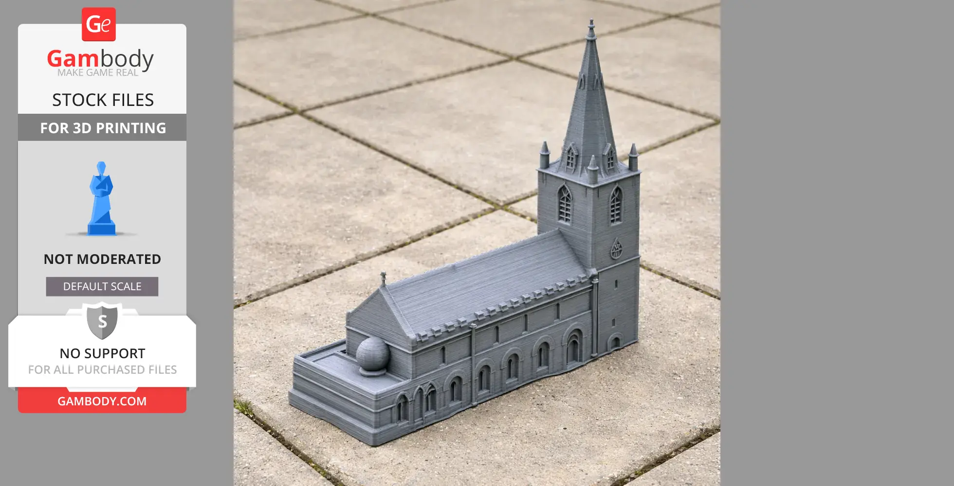 3D printed model of Anglo-Saxon church architecture with a tall spire and arched windows on a tiled surface.