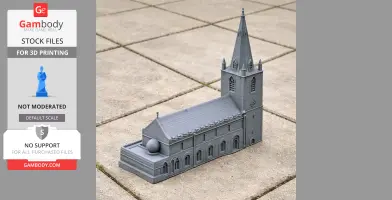 3D printed model of Anglo-Saxon church architecture with a tall spire and arched windows on a tiled surface.
