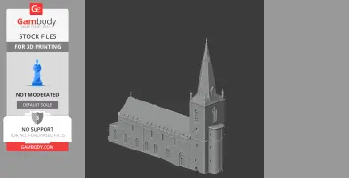 A detailed 3D model of an Anglo-Saxon church with a tall spire, arches, and decorative details.