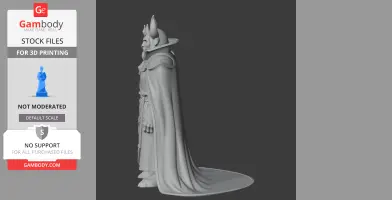 A side view of a regal figure with a crown and long cape, designed for 3D printing.