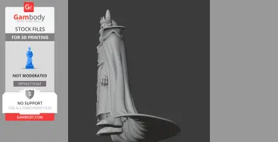 A detailed 3D model of a robed, armored character with a horned crown, standing on a base.