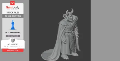 A horned, armored figure in a cape with regal attire, designed for 3D printing.