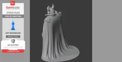 Horned figure wearing a cape, viewed from behind, on a stand. 3D printable design.