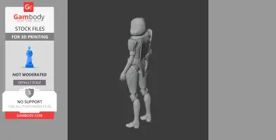 A detailed 3D model of a futuristic armored figure, poised with intricate design elements for printing.