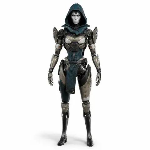 A robotic character figurine with armor and a hood, standing upright, designed for 3D printing.