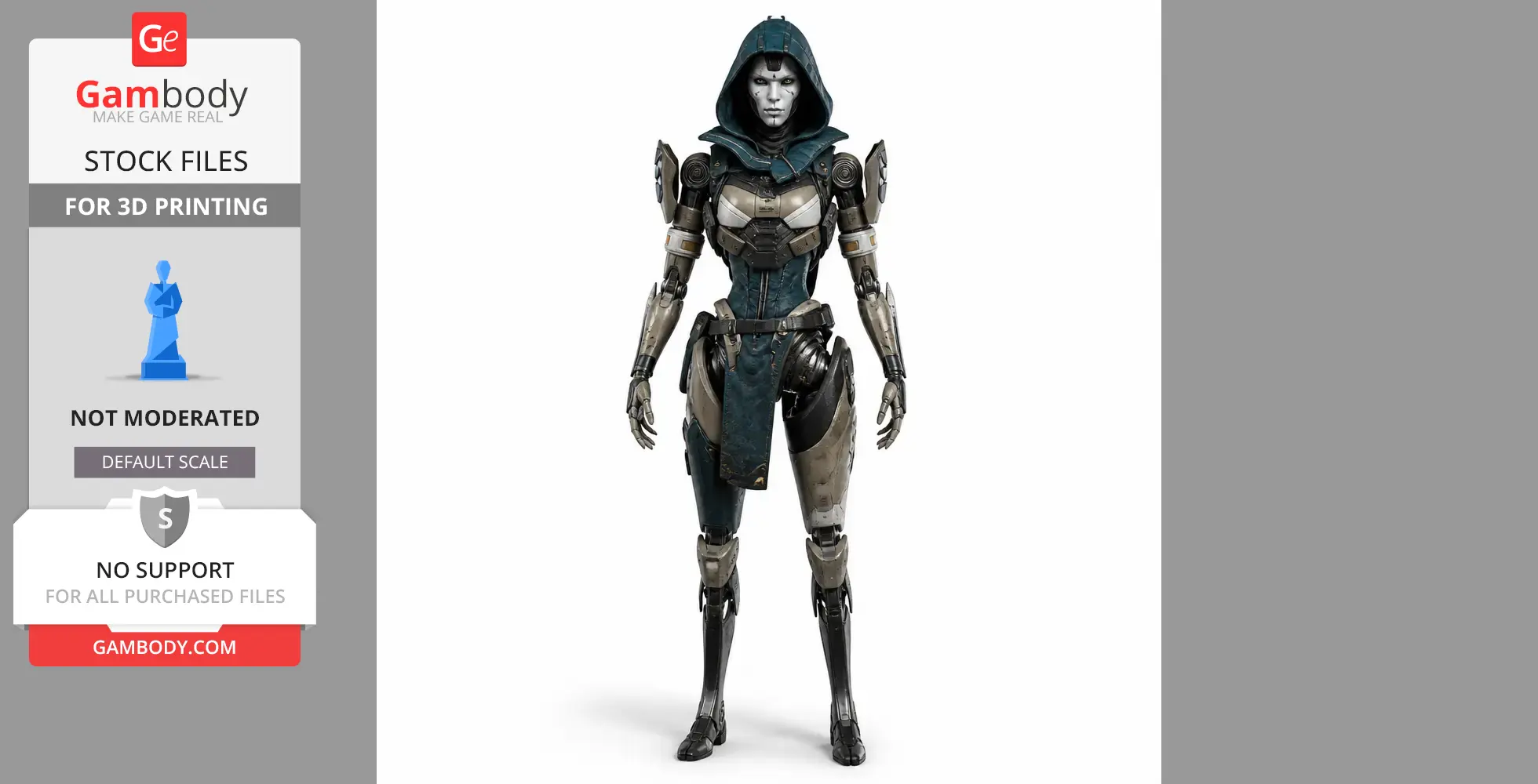 A robotic figure in a hooded outfit with intricate armor details, designed for 3D printing.