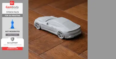 Gray 3D-printed Alfa Romeo Giulia model on a wooden floor, designed for scale vehicle display.