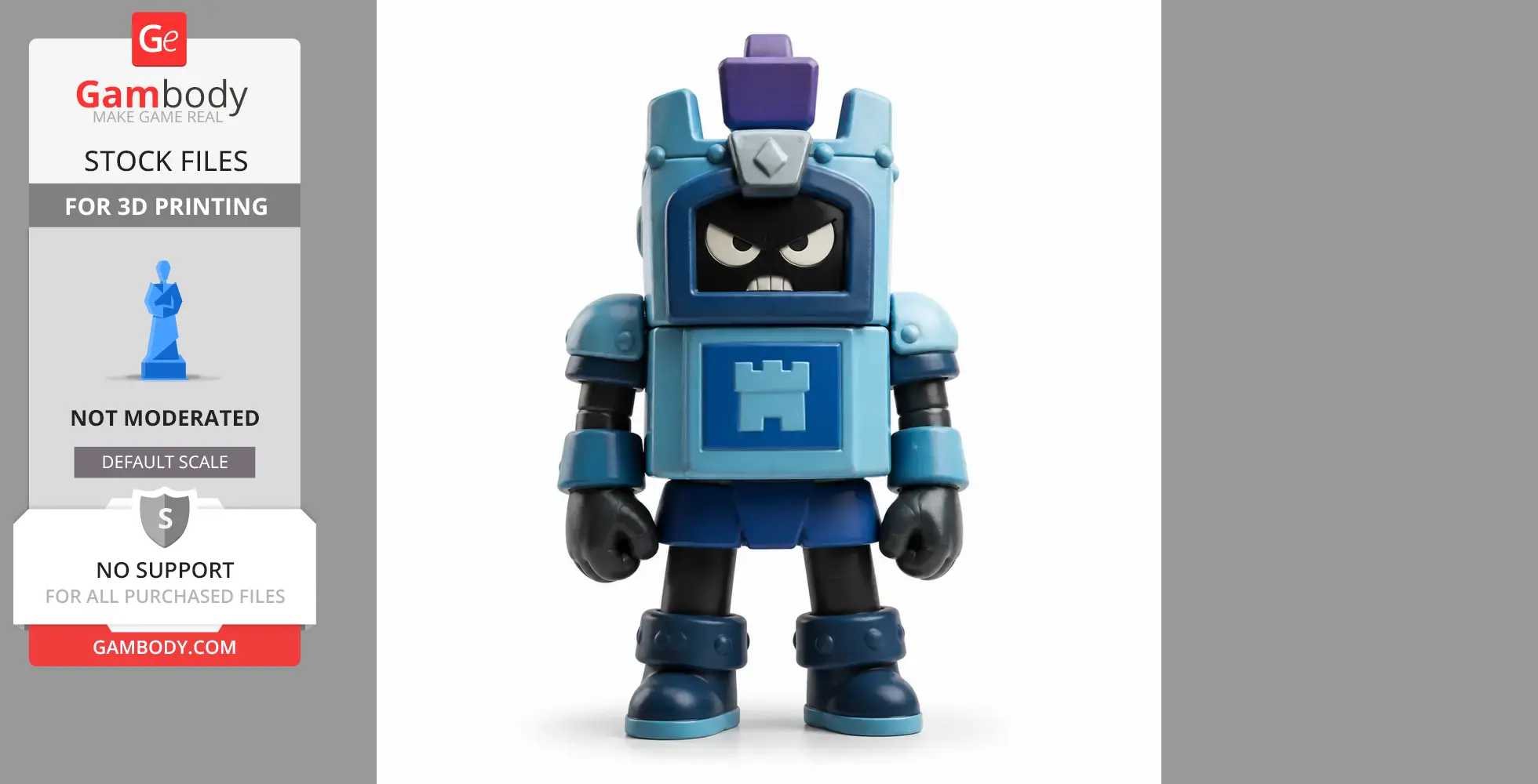 A blue armored figurine with a purple crest and a castle emblem on its chest, featuring a stern expression.