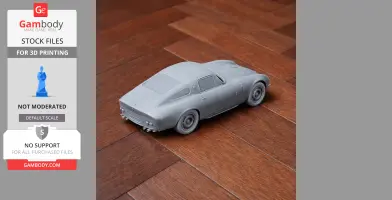 Gray 3D-printed model of an Alfa Romeo Giulia TZ on wooden floor.
