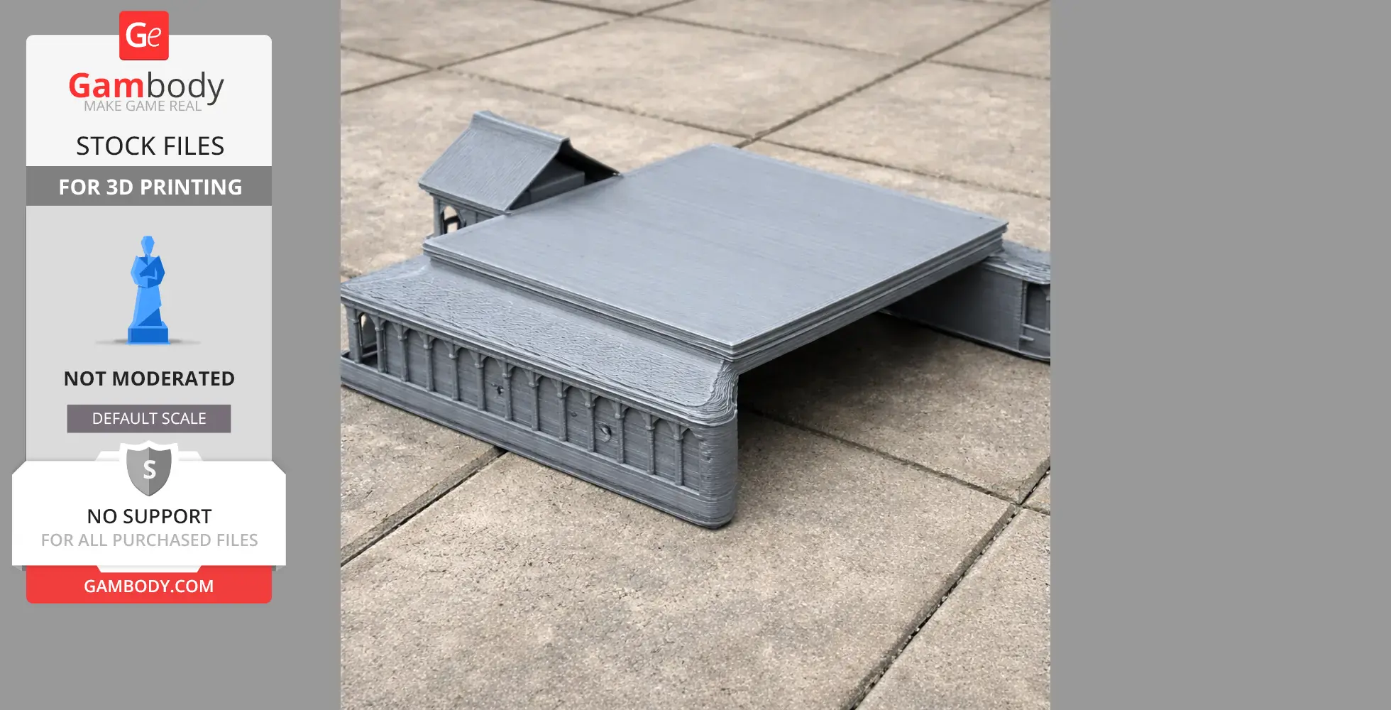 3D printed model of a rectangular building with detailed columns and a sloped roof section.