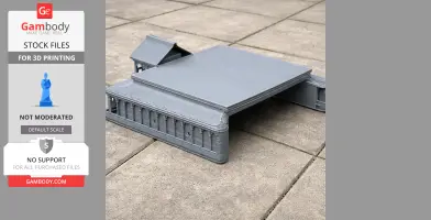 3D printed model of a rectangular building with detailed columns and a sloped roof section.
