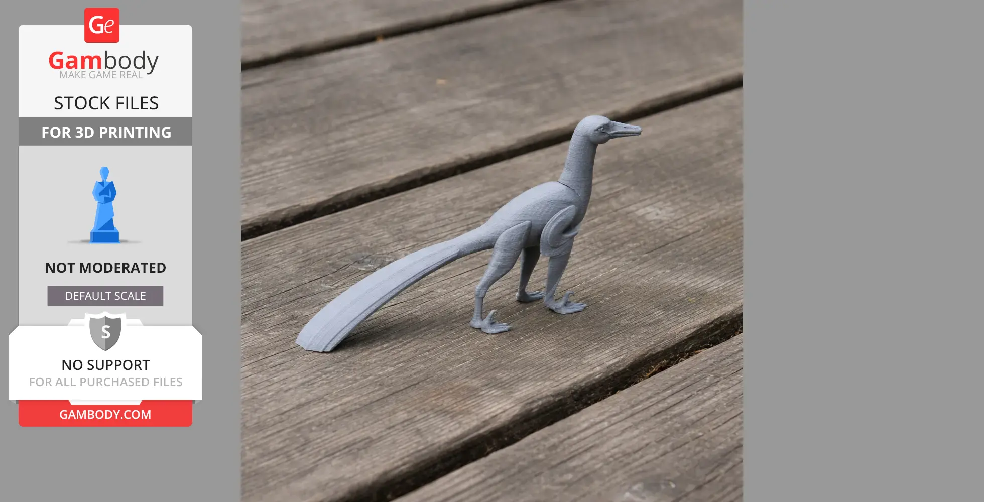 3D-printed model of a Neuquenraptor, depicted standing on a wooden surface.
