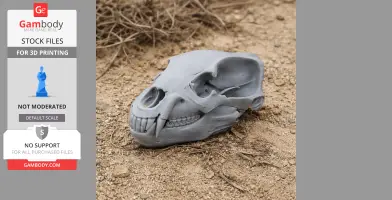 3D printed brown bear skull replica lying on a sandy surface.