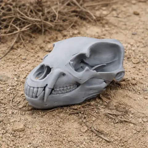 3D-printed brown bear skull replica on sandy ground.