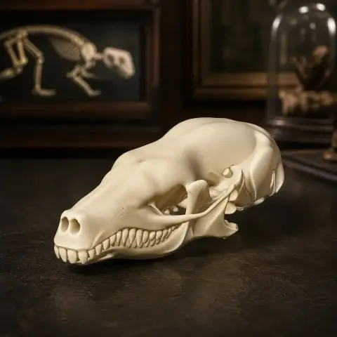 A detailed replica of a coast mole skull, 3D printed, displayed on a dark surface.