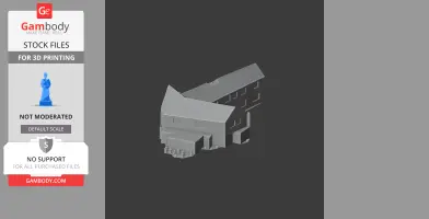 A gray 3D model of a multi-building castle structure with varied roof shapes, shown on a black background.