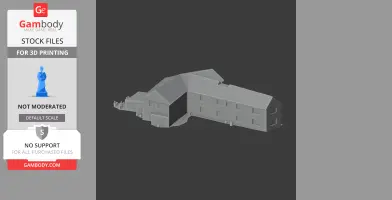 Gray 3D model of a simple castle structure with pitched roofs and rectangular windows.