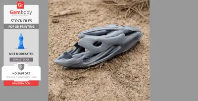 3D printed Coelacanth skull replica on sandy ground, showcasing detailed bone structure.
