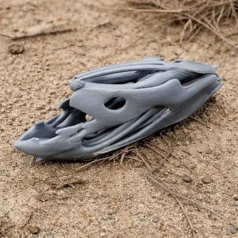 3D-printed Coelacanth skull replica resting on sandy ground.