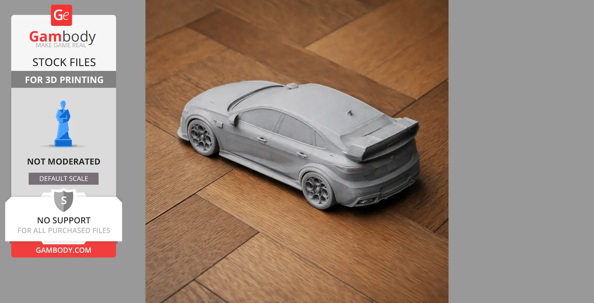 3D printed Alfa Romeo Giulietta model on wooden floor, viewed from rear-right angle.