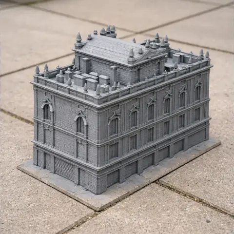 Detailed 3D printed model of the Archbishop's Palace in Prague, showcasing intricate architectural features.
