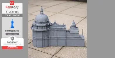 Gray 3D-printed model of a classical English architectural structure with domes and columns.