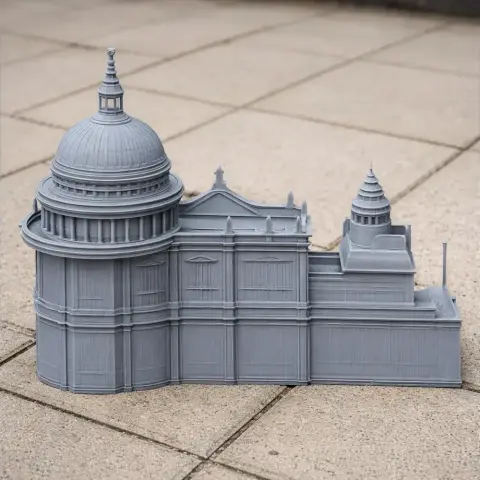 3D printed gray model of classic English architecture with domes and intricate details.