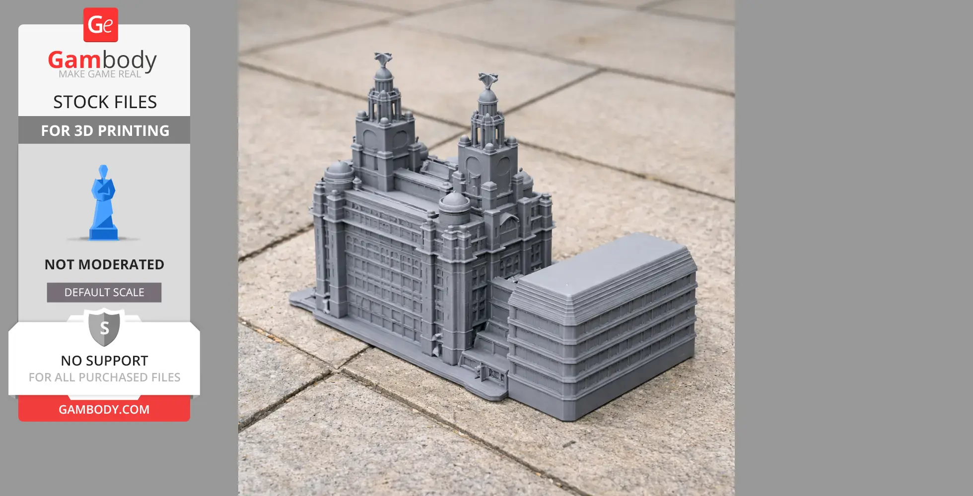 A gray 3D-printed model depicting detailed architectural structures standing on a tiled surface.